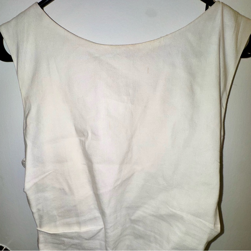 Artelier Nicole Miller Cream Ruched Midi Sleeveless Dress in Linen Blend - Picture 2 of 9